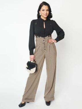Unique Vintage Black & Beige Plaid Thelma Suspender Pants